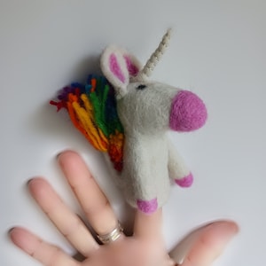 Unicorn finger puppet ornament hand made felted wool