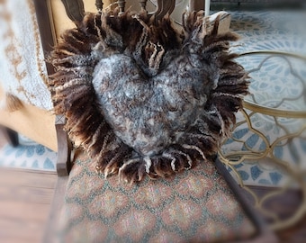 Handmade Felted Wool Heart pillow Reversible Accent Artisan Heirloom Fiber Art