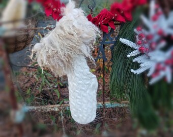 Knit Christmas stocking with hand made felted wool "fur" cuff