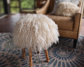 Handmade Longwool felted sheep fleece Footstool, Reclaimed Wood Ottoman, Rustic Farmhouse Stool
