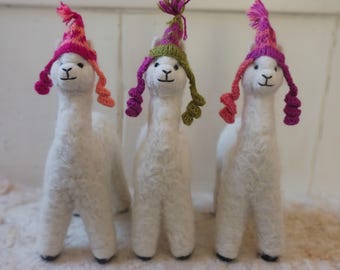 Hand made needle felted wool alpaca with green & purple knit hat