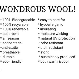 Puede incluir: Imagen con el texto "WONDROUS WOOL!" y una lista de propiedades de la lana: biodegradable, reciclable, renovable, absorbente, para todas las estaciones, antibacteriana, antiest&aacute;tica, transpirable, duradera, ecol&oacute;gica, hipoalerg&eacute;nica, aislante, absorbe la humedad, protecci&oacute;n UV natural, resistente al olor, resistente a las manchas, fuerte, de producci&oacute;n sostenible y c&aacute;lida y fresca.