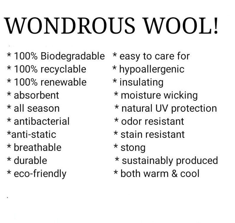 Puede incluir: Imagen con el texto "WONDROUS WOOL!" y una lista de propiedades de la lana: biodegradable, reciclable, renovable, absorbente, para todas las estaciones, antibacteriana, antiest&aacute;tica, transpirable, duradera, ecol&oacute;gica, hipoalerg&eacute;nica, aislante, absorbe la humedad, protecci&oacute;n UV natural, resistente al olor, resistente a las manchas, fuerte, de producci&oacute;n sostenible y c&aacute;lida y fresca.