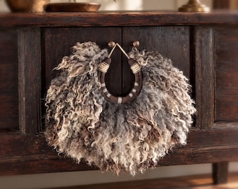 Felted Wool Wall Hanging with Authentic Horseshoe Natural Fiber Art Rustic Organic Decor Good Fortune