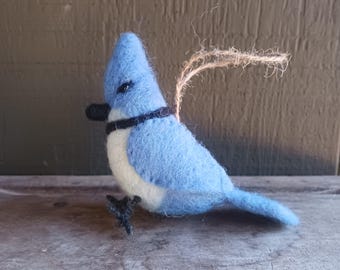 Blue Jay bird ornament hand made felted wool