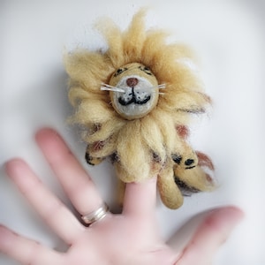 Friendly Lion finger puppet ornament hand made felted wool