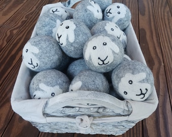 Wool dryer balls natural grey and white happy sheep