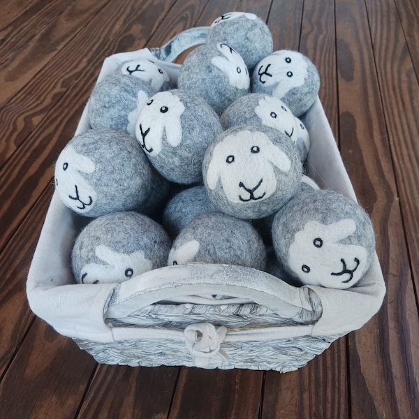 Wool dryer balls grey and white happy sheep