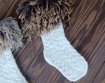 BALANCE RESERVED ANNIE knit Christmas stocking with wool "fur" cuff