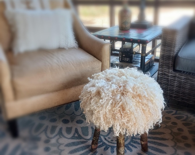 Featured listing image: Hand crafted round wood footstool or ottoman with felted sheep wool cushioned top