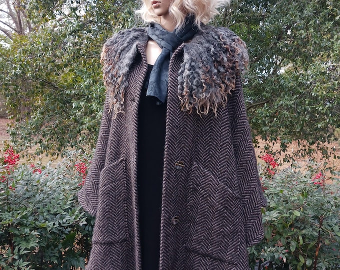 Featured listing image: Black & grey wool cape poncho woven herringbone pattern with felted fleece "fur" collar