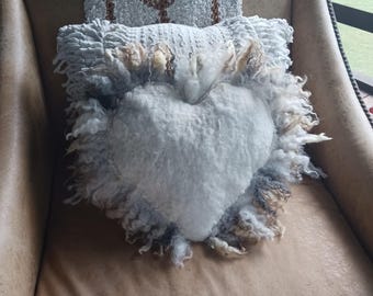 Handmade Felted Wool Heart pillow Reversible Accent Artisan Heirloom Fiber Art
