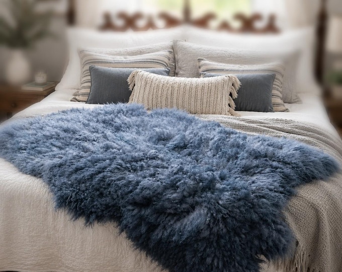 Featured listing image: Blue Felted Fleece sheepskin style rug hand made wool scandanavian farmhouse decor