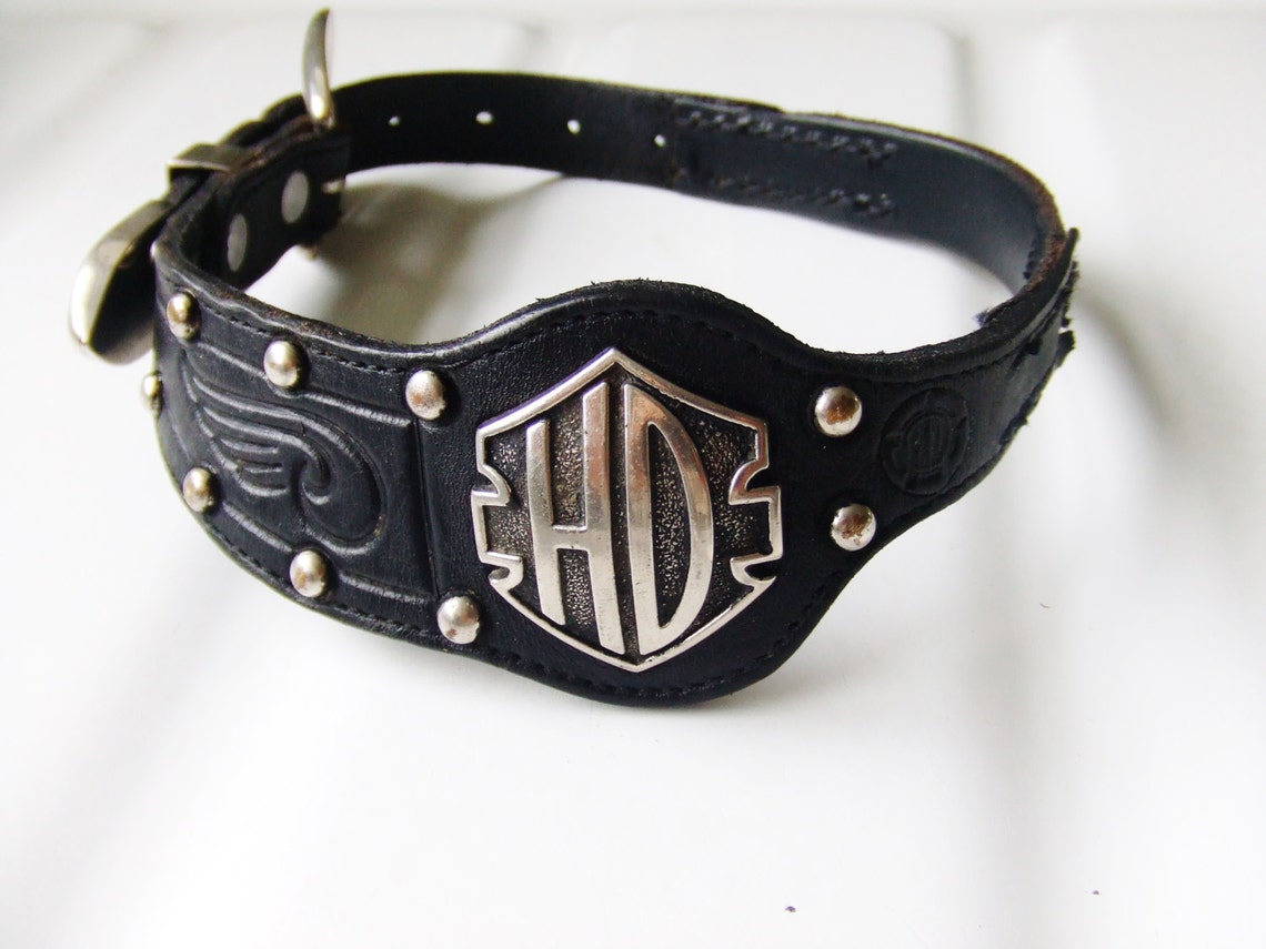 Harley Davidson Black Leather Dog Collar Bandana Style Vintage Etsy
