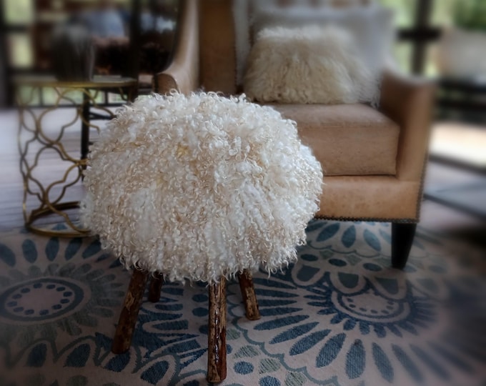 Featured listing image: Handmade Longwool felted sheep fleece Footstool, Reclaimed Wood Ottoman, Rustic Farmhouse Stool