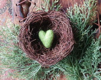 Hand made felted wool heart bright green