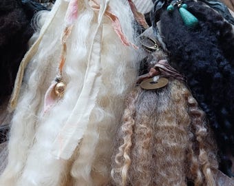 Wool tassels with vintage silk sari ribbon, brass bells or vintage coin embellishment