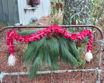Christmas garland swag banner red felt with beads and ivory wool tassels