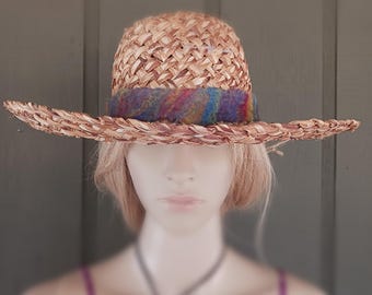 Hatband Rainbow hand made felted wool with tasseled ends