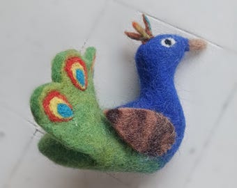 Peacock finger puppet ornament hand made felted peacock