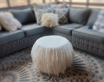 Shaggy white Pouf ottoman footstool with hand made felted sheep friendly fleece