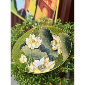 Hand-Painted Vietnamese Lotus Leaf Conical Hat – Traditional Nón Lá with Artistic Lotus Design – Cultural Wall Decor or Wearable Art