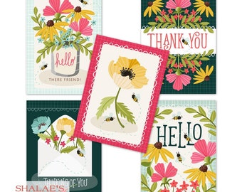 Bright Floral Greeting Cards, Friendship Greeting Card, 5x7 Greeting Card, Thank You Card, Hello Card, Thinking of You Card, Bees