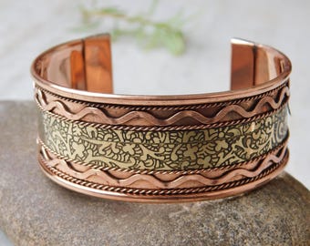 Floral Copper Cuff Bracelet: Wide Boho Bangle, Arthritis Relief