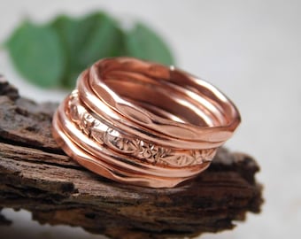 Copper Stacking 5 Rings Set, Flower Design band, Health Benefits