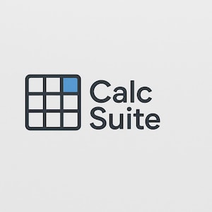 Könnte beinhalten: Das "Calc Suite"-Logo zeigt ein Raster aus neun Quadraten, von denen eines blau ist, und den Text "Calc Suite" in einer dunkelgrauen serifenlosen Schrift. Das Logo befindet sich auf einem hellgrauen Hintergrund.