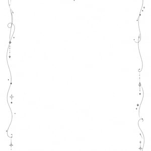 May include: A black and white celestial border design. The frame features a delicate, swirling line adorned with stars, teardrop shapes, and a crescent moon. The design is suitable for invitations, stationery, or decorative art.