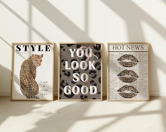 May include: Three framed art prints with gold frames. The left print says "STYLE" with a leopard illustration. The middle print says "YOU LOOK SO GOOD" on a leopard print background. The right print says "HOT NEWS" with leopard print lips.