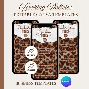 May include: Three smartphone mockups displaying "Booking Policies" templates. The templates feature a leopard print background and text about rescheduling, appointments, and policies. Includes 15 Instagram posts and 15 stories.