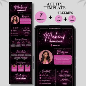 May include: A digital advertisement for a makeup artist, "Makeup by Margaux," featuring a pink and black design. The ad includes a photo of the artist, contact information, booking details, and client reviews. The ad also promotes freebies.