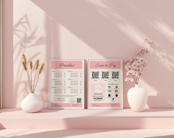 Editable Scan to Pay Pricelist Template Bundle Pink Printable Salon Sign Beauty Salon Price List Template Scan-to-Pay with QR Code Printable