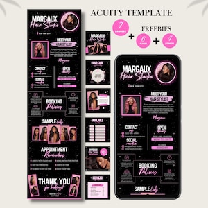May include: A digital marketing template set for Margaux Hair Studio featuring a black background with pink text and accents. Includes a long vertical layout, several square social media graphics, and a smartphone display showing booking information.