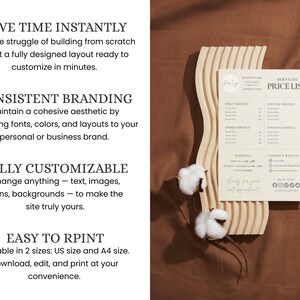 May include: A beige price list with a minimalist design, displayed on a wooden decorative piece. The text includes "Services Price List" and other details. The image also features text about branding and customization.