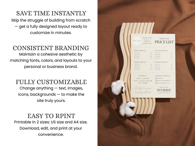 May include: A beige price list with a minimalist design, displayed on a wooden decorative piece. The text includes "Services Price List" and other details. The image also features text about branding and customization.