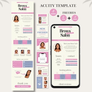 May include: Aesthetic digital template for a brow salon, featuring a vertical layout with pink and blue accents. The design includes the salon's logo, contact information, client reviews, and booking policies. The template is designed for use on a smartphone.