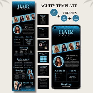 May include: A digital Acuity template for hair stylists featuring a black and blue glitter theme. The design includes a long vertical layout, a smartphone display, and several square icons. Text includes Hair by Morgane, Contact, Hours, and Booking policies.