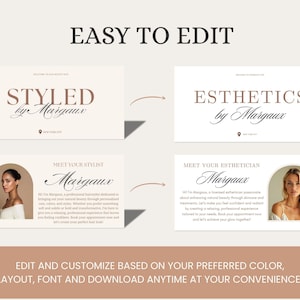 May include: A digital template with the text "EASY TO EDIT" at the top. The template includes cards for "STYLED by Margaux" and "ESTHETICS by Margaux", along with text and images. The bottom text reads "EDIT AND CUSTOMIZE BASED ON YOUR PREFERRED COLOR, LAYOUT, FONT AND DOWNLOAD ANYTIME AT YOUR CONVENIENCE!"