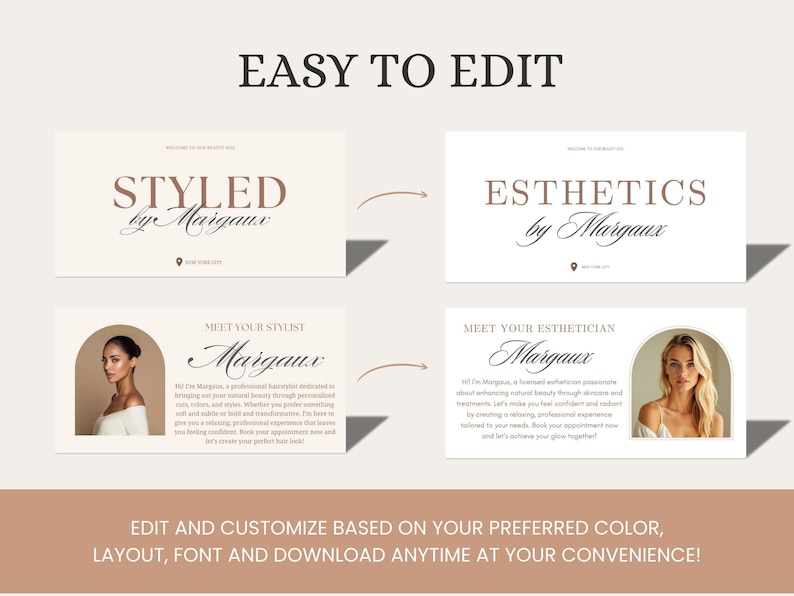 May include: A digital template with the text "EASY TO EDIT" at the top. The template includes cards for "STYLED by Margaux" and "ESTHETICS by Margaux", along with text and images. The bottom text reads "EDIT AND CUSTOMIZE BASED ON YOUR PREFERRED COLOR, LAYOUT, FONT AND DOWNLOAD ANYTIME AT YOUR CONVENIENCE!"