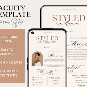 May include: A digital marketing template for a hair stylist, shown on a phone and tablet. The design features the text "STYLED by Margaux" and "ACUITY TEMPLATE Hair Stylist". The template is fully editable, easy to customise, and designed to attract clients.