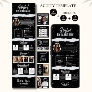 May include: A black and white digital template for a hair stylist, "Styled by Margaux." The template includes banners, flyers, and stories. It features a photo of the stylist, contact information, booking policies, and sample looks.