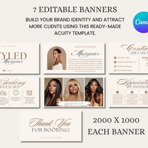 May include: Seven editable banners on a beige background. The banners feature text including "Styled by Margaux", "Meet Your Stylist Margaux", and "Contact Details". The Canva logo is also visible in the image.