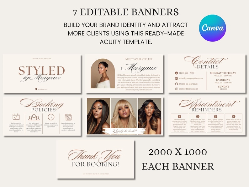 May include: Seven editable banners on a beige background. The banners feature text including "Styled by Margaux", "Meet Your Stylist Margaux", and "Contact Details". The Canva logo is also visible in the image.