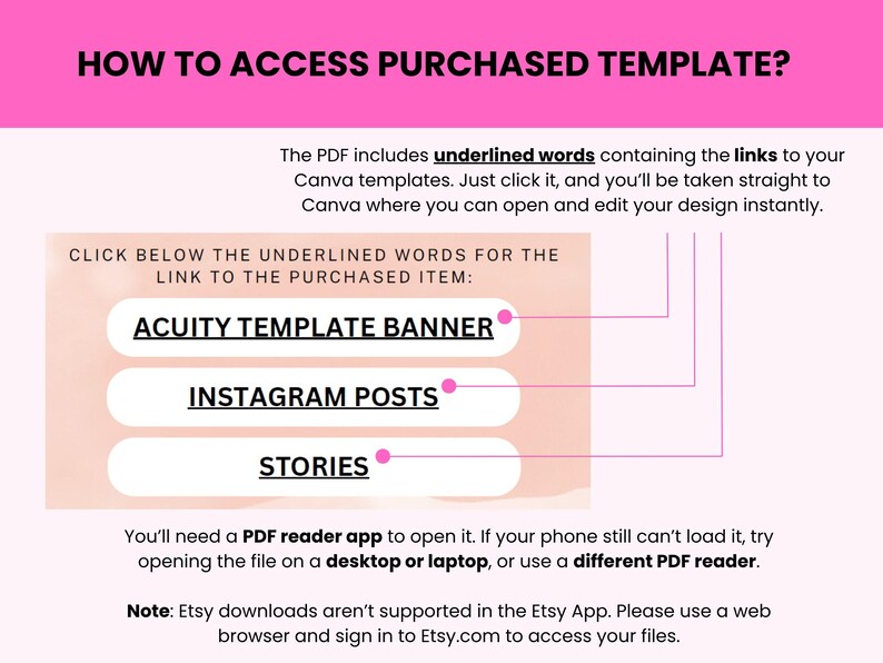 以下が含まれることがあります： HOW TO ACCESS PURCHASED TEMPLATEというタイトルのピンク色のヘッダーが付いた説明用グラフィック。PDFにはCanvaテンプレートへの下線付きリンクが含まれており、具体的にはACUITY TEMPLATE BANNER、INSTAGRAM POSTS、STORIES用であることを説明しています。