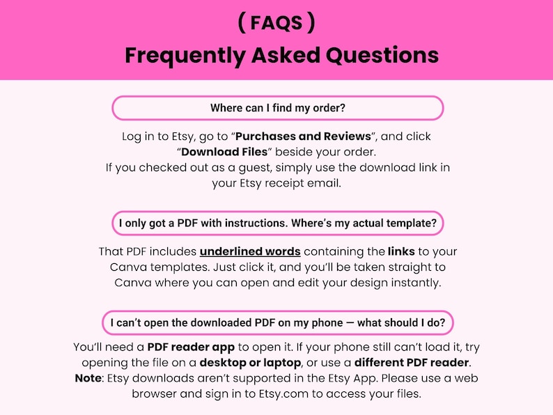 May include: A pink graphic with the text "(FAQs) Frequently Asked Questions." The image provides answers to common questions about Etsy orders, including how to find orders, access templates, and open PDFs.