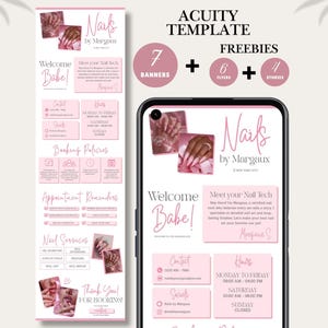 May include: Pink and white digital template for a nail salon, featuring the text "Nails by Margaux." The design includes banners, flyers, and stories, with contact information and service details.