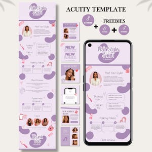 Può includere: Un modello digitale Acuity per salone di parrucchiere con uno schema di colori viola chiaro e forme astratte. Il design include sezioni per i profili degli stilisti, orari di apertura, contatti, politiche di prenotazione e recensioni.